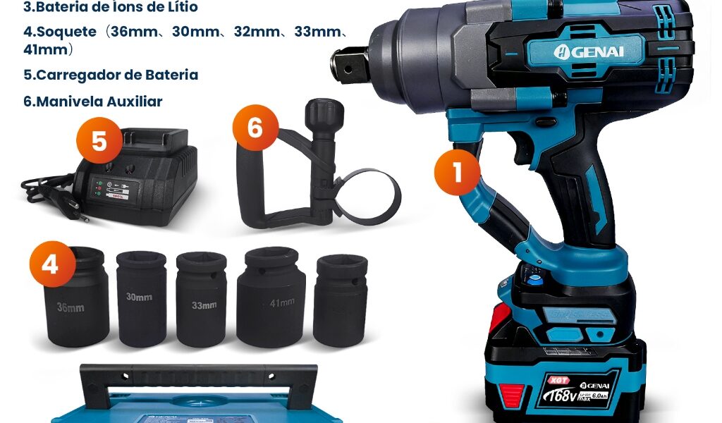 Chave de Impacto 168V 2000Nm/3000Nm 1500W Motor Sem Escova - Kit com 2 Baterias e Maleta