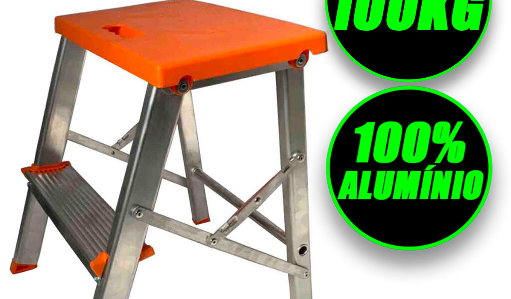 Escada Banqueta Alumínio 2 Degraus Portátil Domestica Dobrável Reforçada Ate 100kg