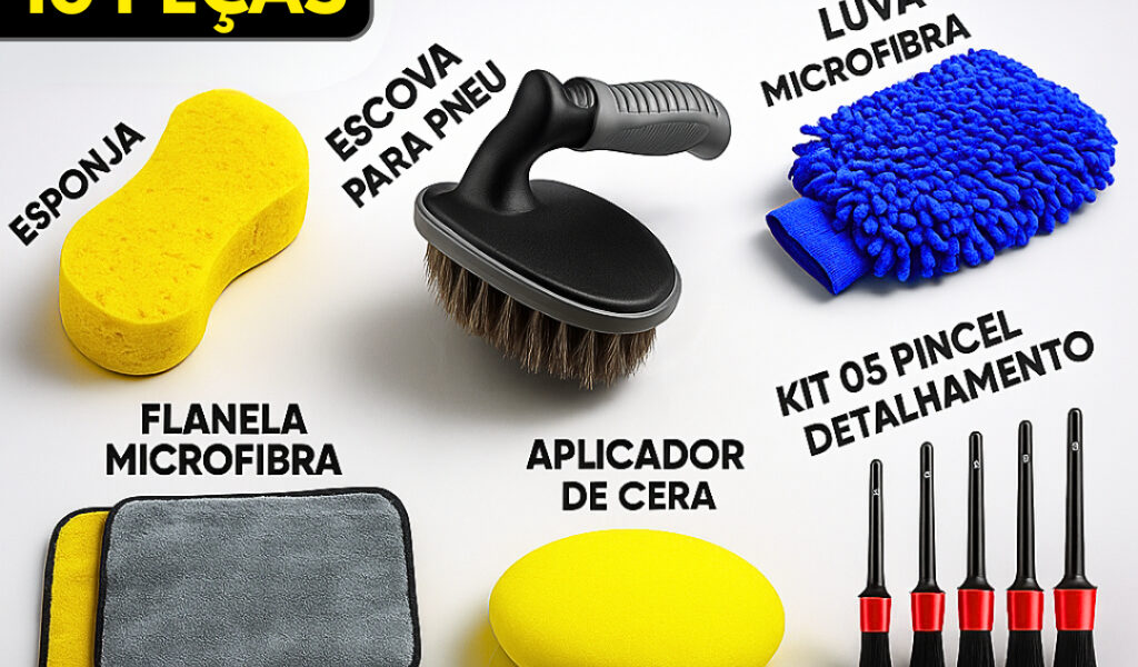 Kit 10 Peças Lavagem Automotiva Esponja + Escova de Pneu + Flanela + Aplicador de Cera + Luva Microfibra + Kit Pincel
