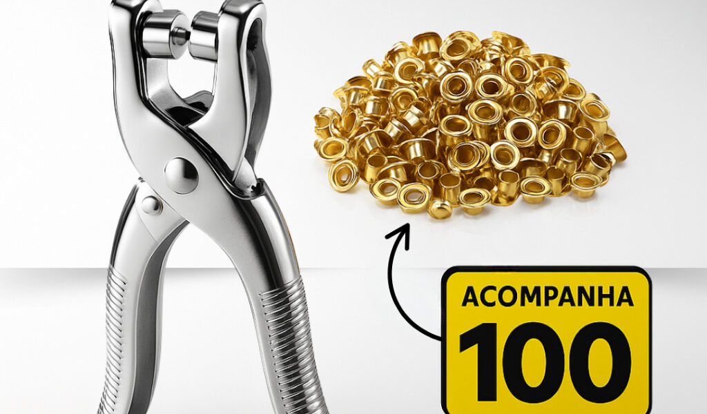 Alicate Aplicador de Ilhos Perfurador Com 100 Ilhoses Artesanal Para Botões Tênis Cintos