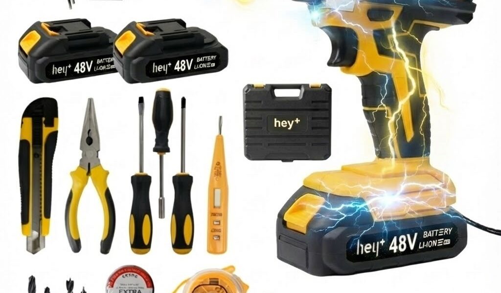 Parafusadeira Eletrica Heyplus 48V Sem Fio com 2 Baterias Litio Kit Bits Brocas Carregador Bivolt
