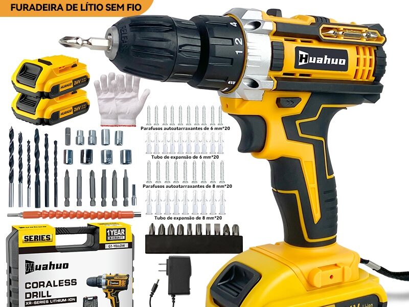 Furadeira Parafusadeira 26V 2 Baterias Sem Fio Impacto Com Maleta Completo Broca Bits Maleta Vonder (110V/220V)