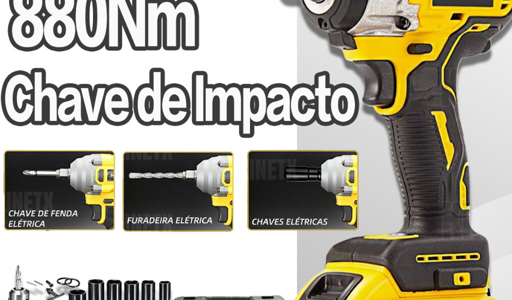 Chave de Impacto Profissional Motor Brushless 880Nm Sem Fio 98V com 2 Baterias Lítio 6 Soquetes + Maleta