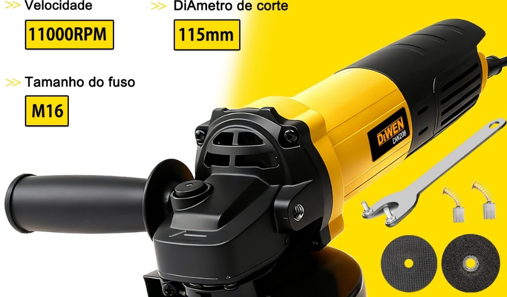 Elétrica Esmerilhadeira Angular, Motor de Cobre Puro, Potência de 860W, 11000 RPM, 2 Discos de Corte e Punho Auxiliar