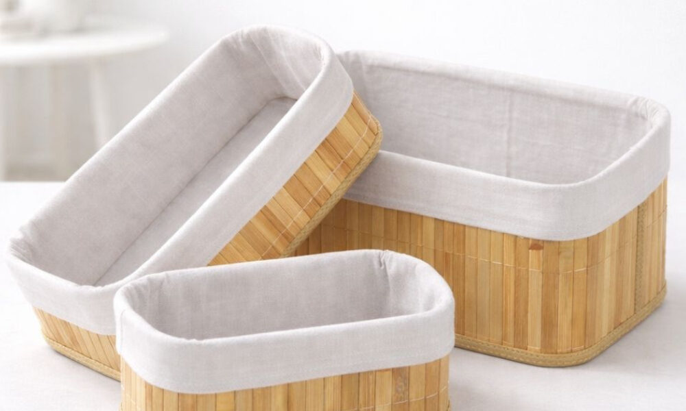 Cesto Organizador de Bambu Multiuso Forro Organizador Objetos Quarto Roupa Banheiro