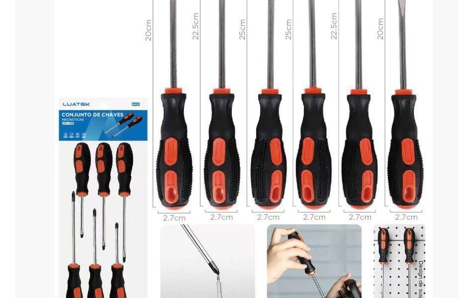 Jogo De Chaves De Fenda E Philips Com 6 Peças em Aço - Cabo emborrachado e pontas imantadas