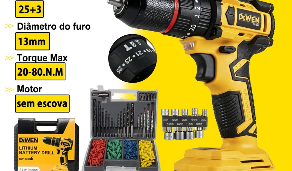 parafusadeira furadeira de impacto sem escova de 48V chave de fenda mandril de 13mm com 2 baterias