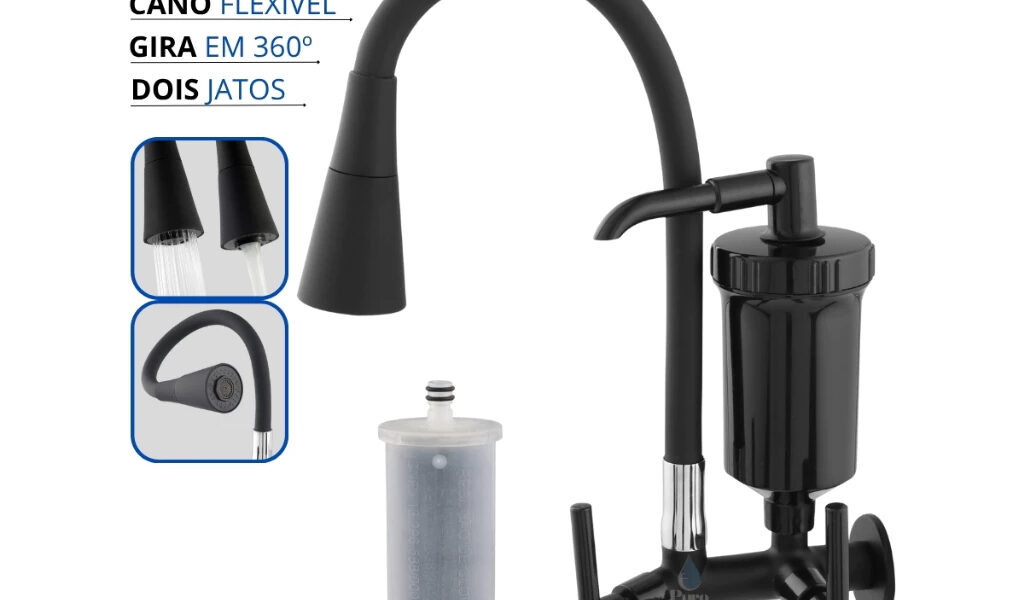 Torneira Filtro Gourmet Parede Cozinha Cano Flexível Arejador 02 Modos Preta Luxo Metal