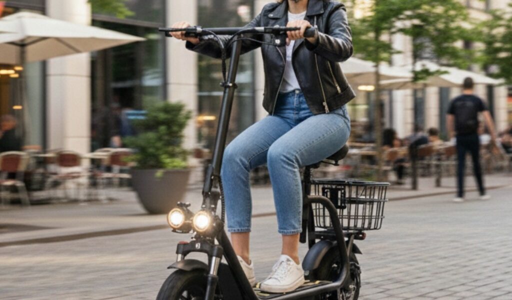 Scooter Elétrica 500W 48V com Banco, Cesta Traseira, Caixa de Som Bluetooth, LED e Freio a Disco