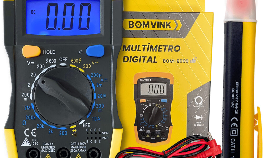 Kit Multímetro Digital 600V 10A LCD + Caneta Detectora Teste de Tensão com BEEP Profissional
