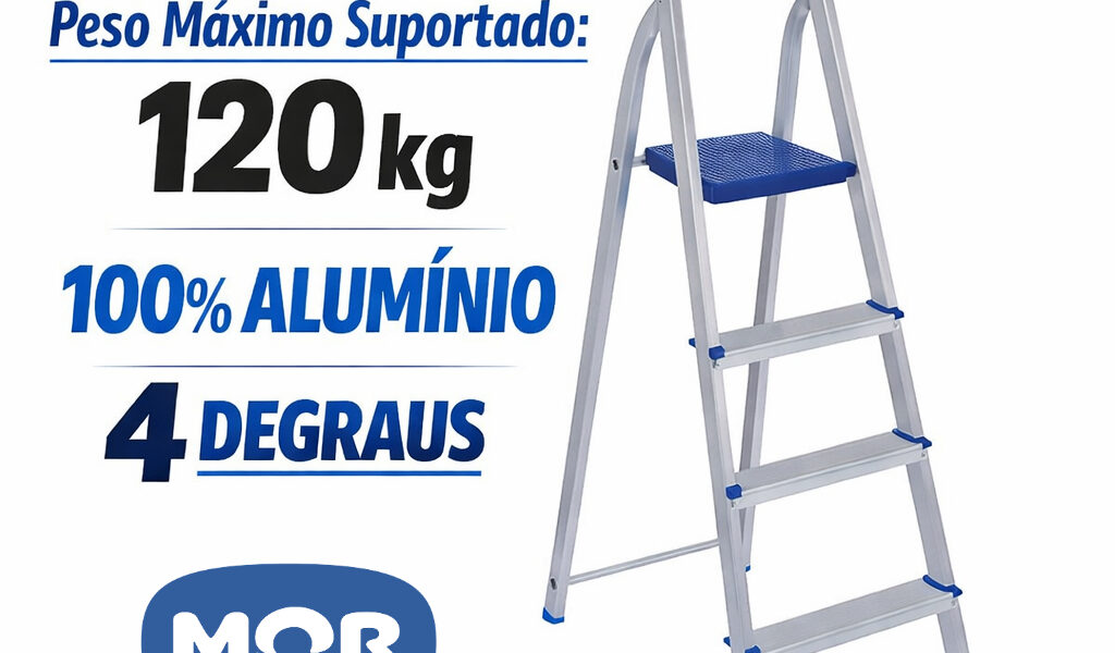 Escada Alumínio 4 Degraus Azul - MOR - Multiuso, Leve, Dobrável, Anti-derrapante, Segura