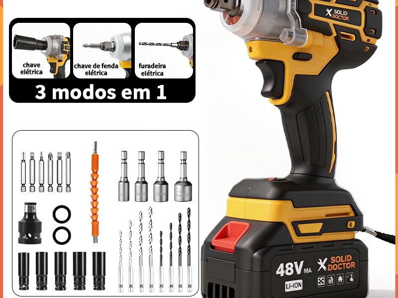 Kit 3 em 1 Chave de Impacto Furadeira Parafusadeira Sem Escova 48V 10 Células 2 Baterias e 24 Peças