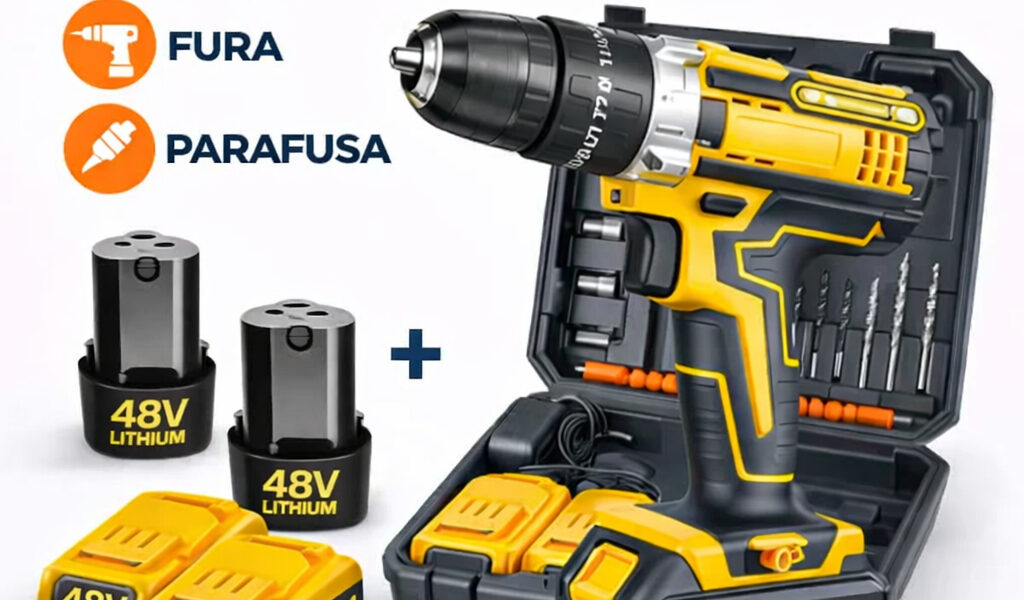 Parafusadeira Furadeira 48V 2 Baterias Com Maleta Completo Profissional