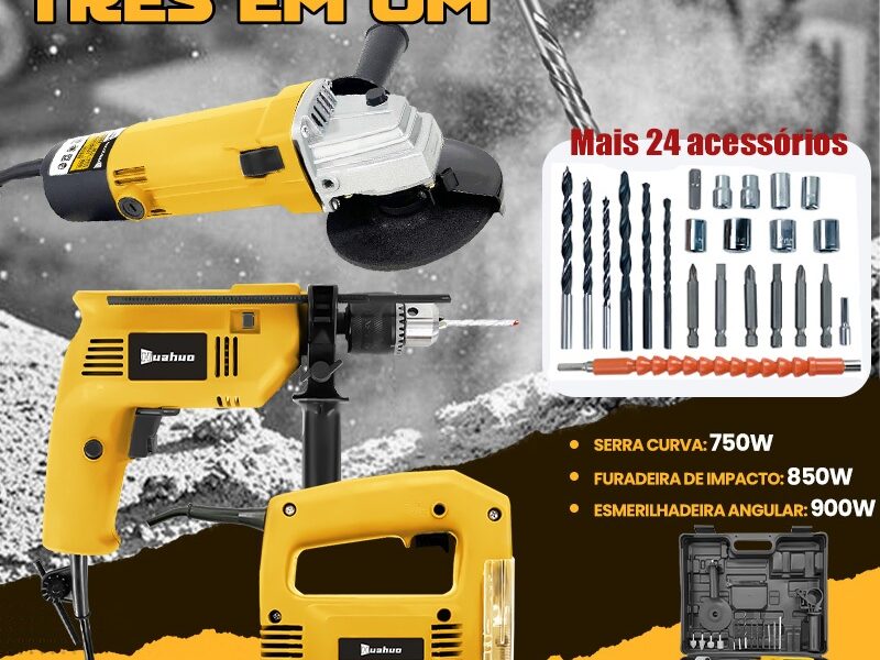 Kit De Ferramentas 3 Em 1 Furadeira de impacto/Lixadeira Esmerilhadeira/Serra Tico Tico + Acessórios