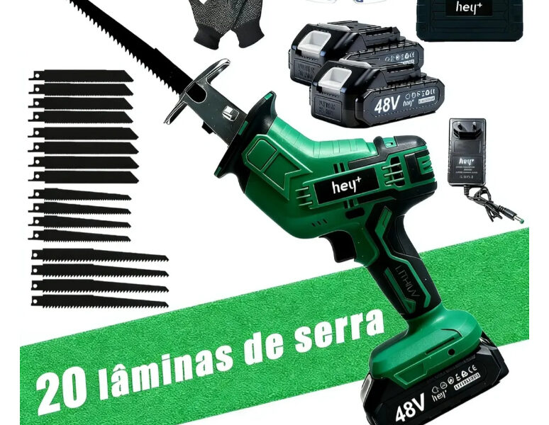 Serra Sabre Elétrica 48v Profissional 1500w Kit 2 Baterias + 20 Lâminas Corte Madeira Metal Carne Osso c/ Maleta