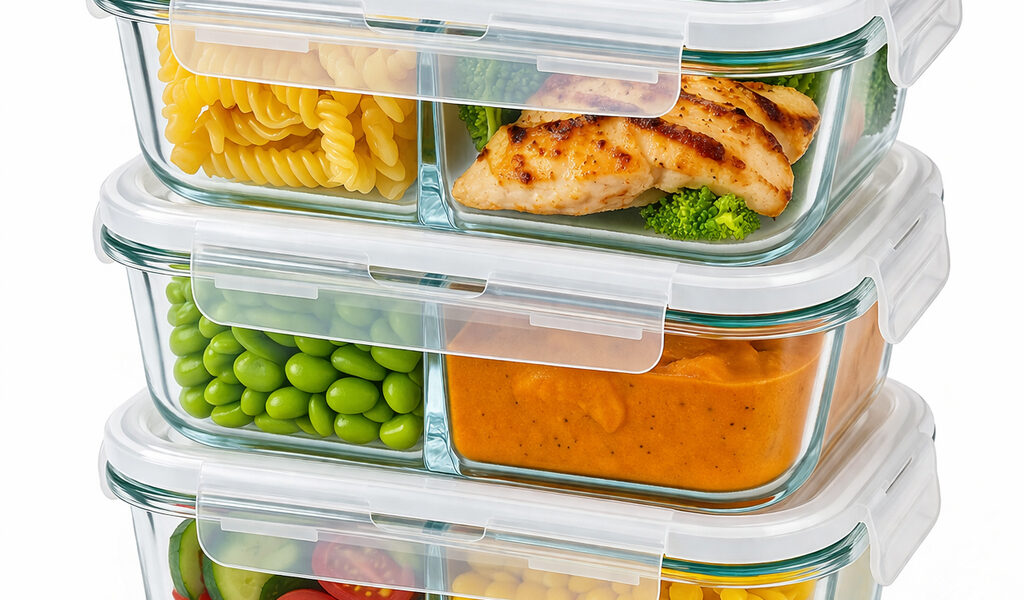 Kit 1/2/3 Conjunto Potes Vidro Hermético Mantimentos Marmita 1040ml com Divisorias 4 Travas Marmita Fit Microondas