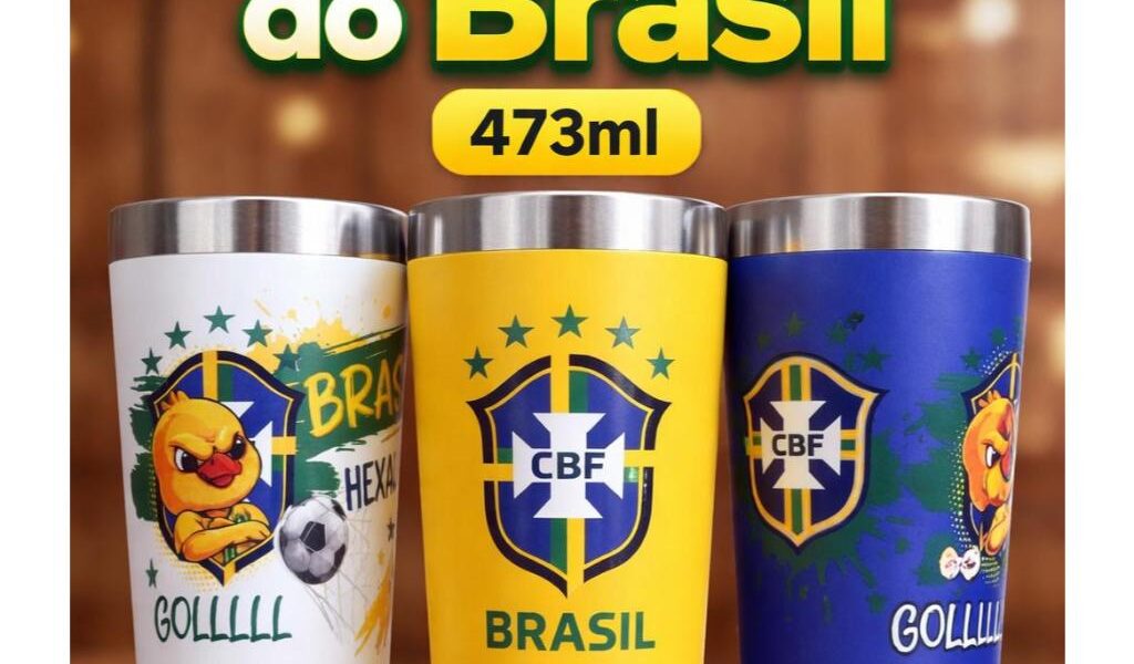 Copo Termico 473ml Personalizado Brasil Com Abridor integrado e Tampa - Tema Copa do Mundo