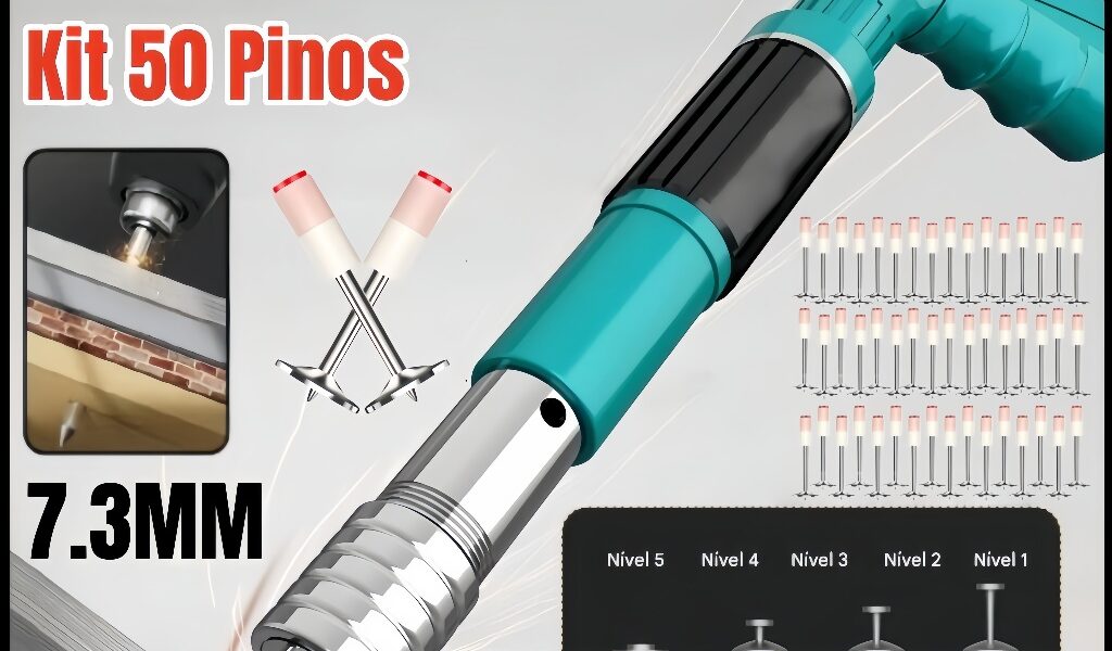 Pistola De Fixacao 7.3mm Kit 50/100 Pinos Forcaajustavel de 5 velocidades Ação Direta Finca Pinos Drywall Gesso Concreto