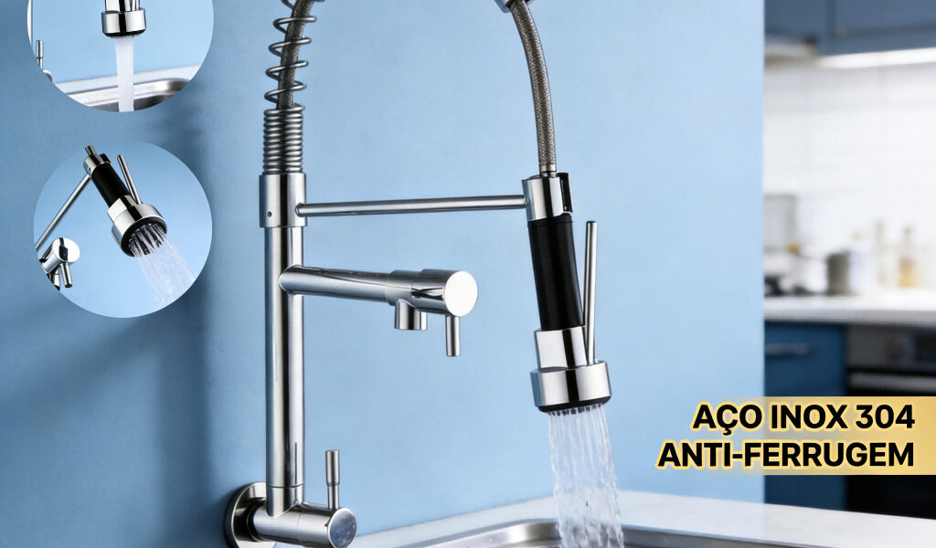 Torneira de Cozinha Embutida na Parede com Mola Retrátil Cromado Duas Saídas Independentes 360° Válvula Cerâmica