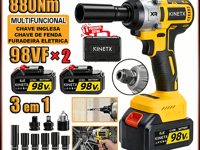 Chave De Impacto Parafusadeira Furadeira 98VF 2 Baterias Sem Fio Soquetes com Maleta Profissional | KINETX