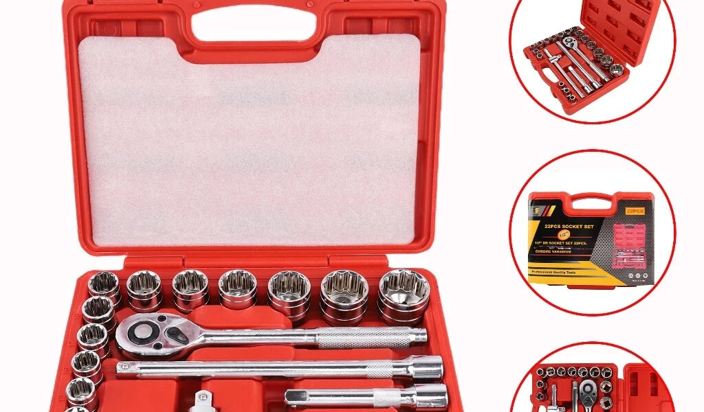 Kit Jogo Ferramentas Soquetes Estriados 22 Pçs Com Chave Catraca Reversível Cr-V Profissional