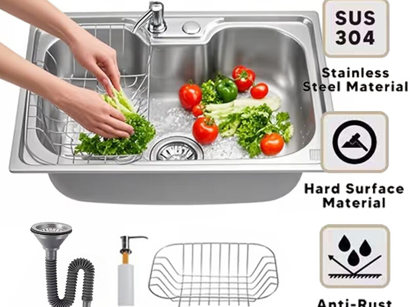 Kit Cuba Gourmet Cozinha Aço Inox Com conjunto de dreno E Sabonete Dispenser e Cesto para escorrer água 50/60x40x21cm