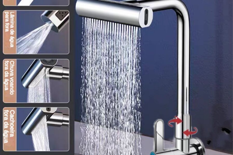 Torneira de Parede p/ Cozinha Cascata 360° - 4 Funções, Bocal de Alta Pressão e Misturador p/ Pia