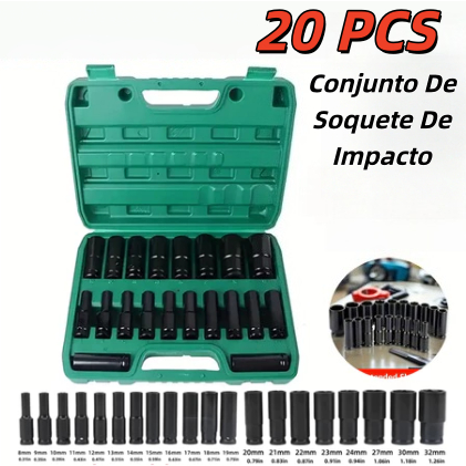 20 Peças Jogo de Soquetes de Impacto Longo 1/2 - 8 A 32mm