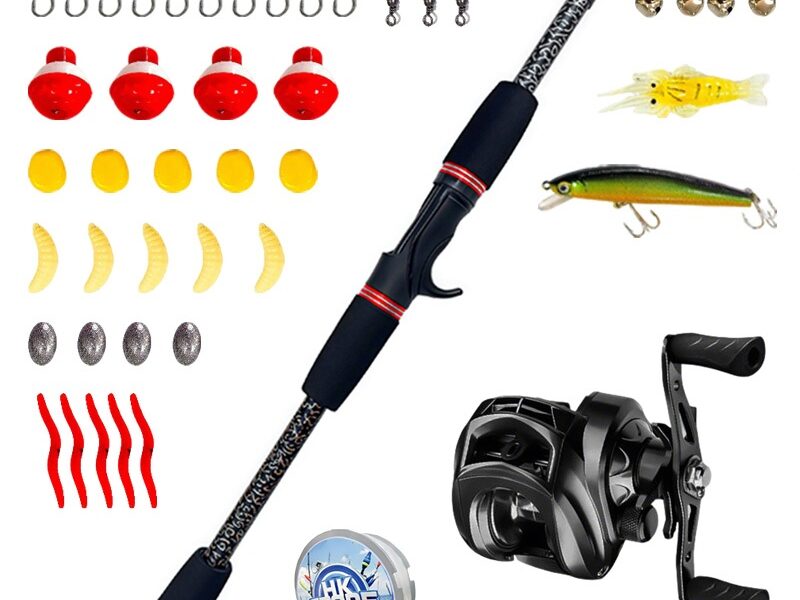 Kit Vara De Pesca 2.4 m , 40 % Fibra De Carbono Com Carretel De metal (7.2 : 1) + 10 Iscas Artificiais