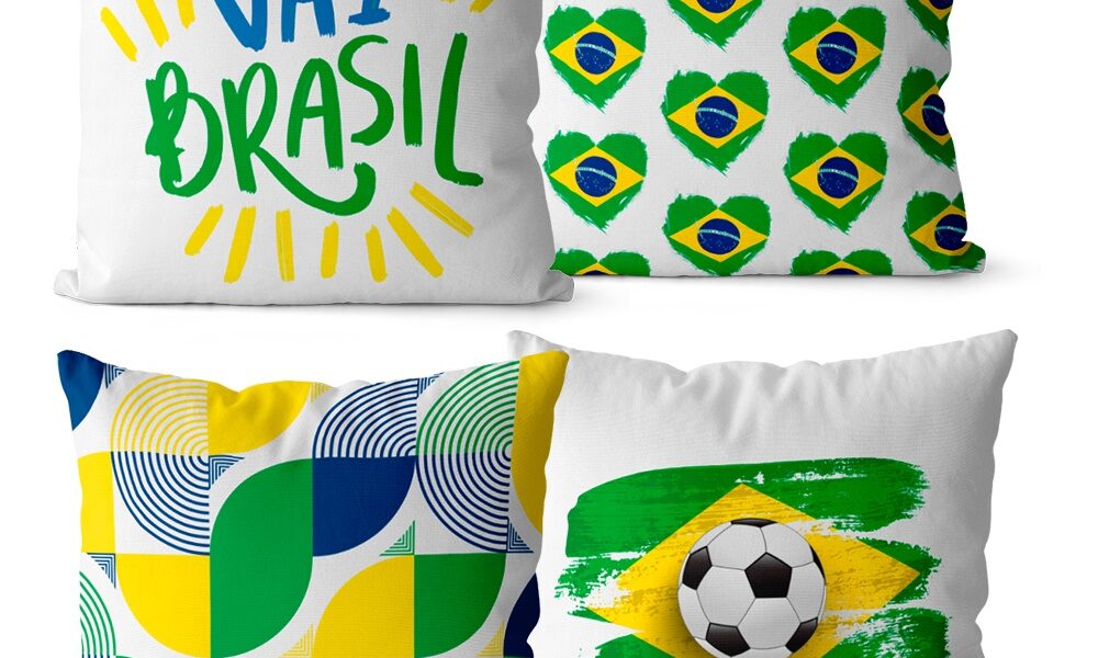 Kit 4 Capas de Almofadas Decorativas Vai Brasil 45x45 - Copa do Mundo