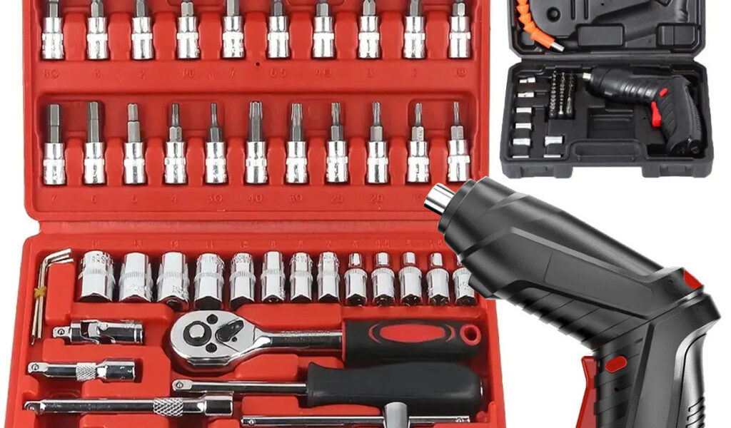 Kit Ferramenta 93 Peças Jogo Soquete Com Parafusadeira Furadeira Com Maleta