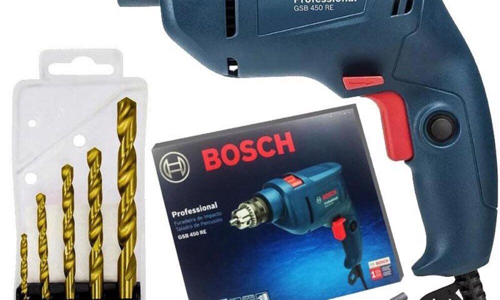 Furadeira Industrial de Impacto 3/8 POL c/ Reversão 450W GSB 450 RE BOSCH+Kit Brocas Aço Rápido 110V