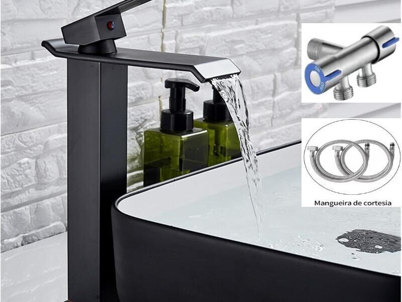 [JJYP] Torneira Banheiro Cuba Alta Cascata Inox Bancada + Conjunto De Válvulas Angulares - Acabamento Brilhante