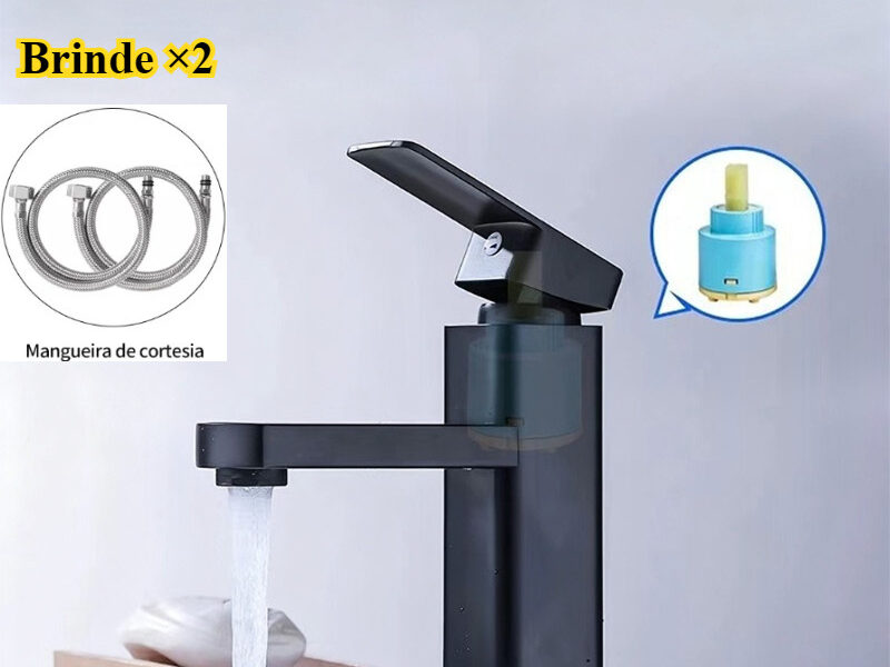 [JJYP] Torneira de Banheiro Lavabo Luxo Metal Cromada + Mangueiras de Entrada - Preta Moderna Simples