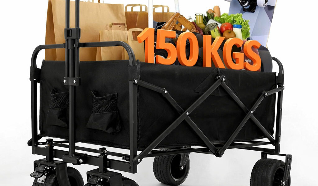 Carrinho Multiuso 150kg Dobrável Portátil Rodas Grossas Praia Camping Eventos Feira Compras