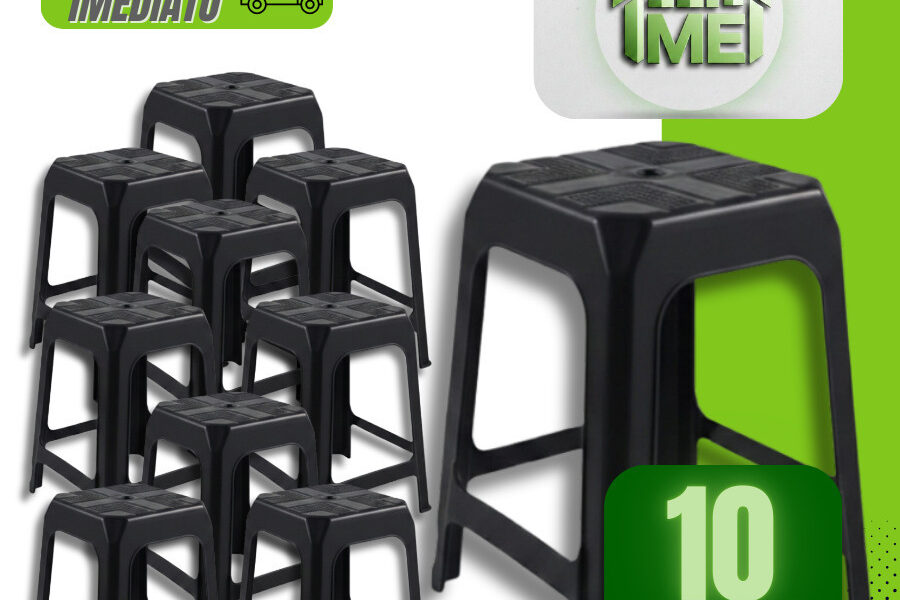 10 Unidades Banqueta Plástica Preta Resistente Empilháveis Adulto Kit Suporta Até 120Kg