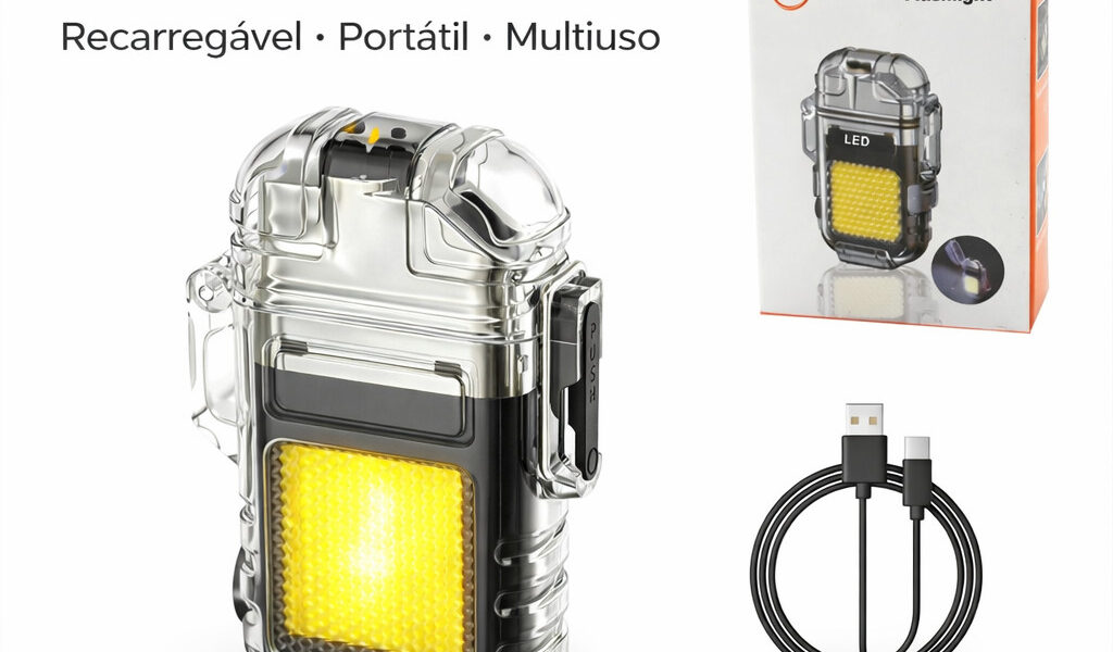 Isqueiro com Lanterna LED Recarregável USB Portátil Multiuso para Camping Emergência