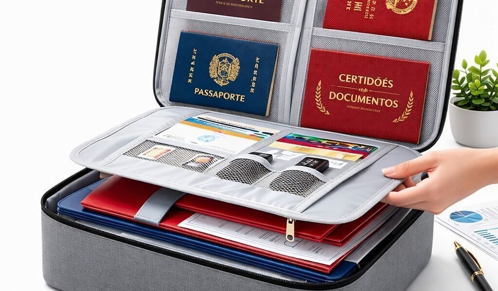 Bolsa Pasta Organizador De Documentos Vários Compartimento Trava Com Segredo Passaporte Porta Cartão