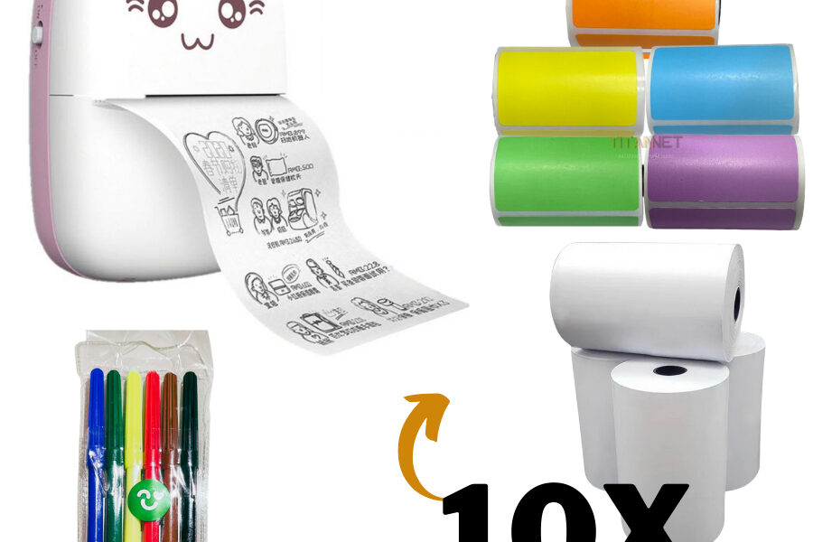 Mini Impressora Térmica Gatinho + 10 Rolos (5 Coloridos + 5 Brancos) + 1 Kit Canetinhas