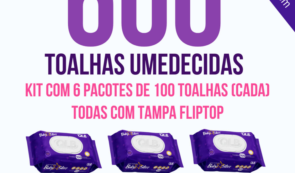 Caixa com 6 Lenços/Toalhas Umedecidas Baby Star Roxa com 100 Unidades Cada – Tampa FlipTop