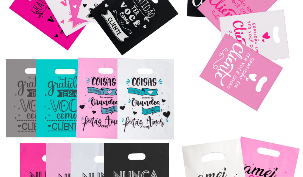 50 Sacola Boca de Palhaço Personalizada P, M e G Diversas Estampas Sacolinha Alça Vazada Frase Gratidão, Nunca foi Sorte