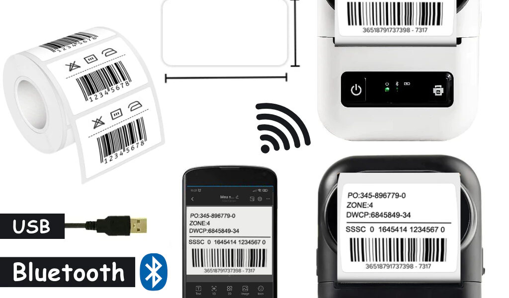 Impressora de Etiquetas Inteligente Térmica Bluetooth Sem Tinta iOS Android Com Bobina Adesiva