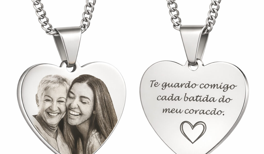 Colar Coração Personalizado com Foto Gravada em Aço Inox Amor Familia Presente Pai Mãe Lembrança