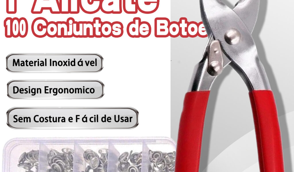 Kit Alicate Aplicador de Botões + 100 Botões de Pressão Metal Inoxidável para Roupas e Artesanato