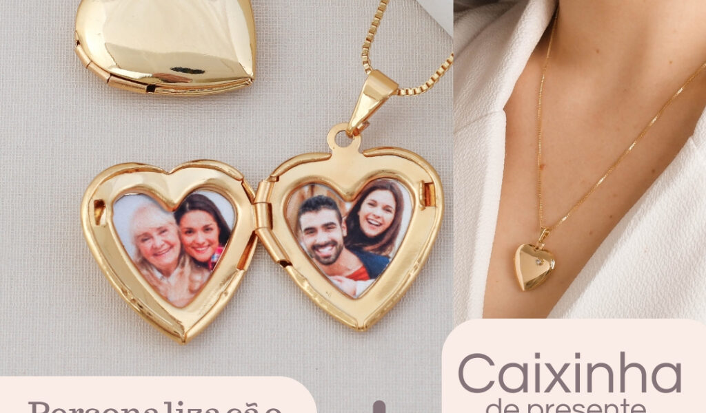 Colar feminino Pingente Relicário Coração com duas fotos personalizado presente mulher banhado ouro