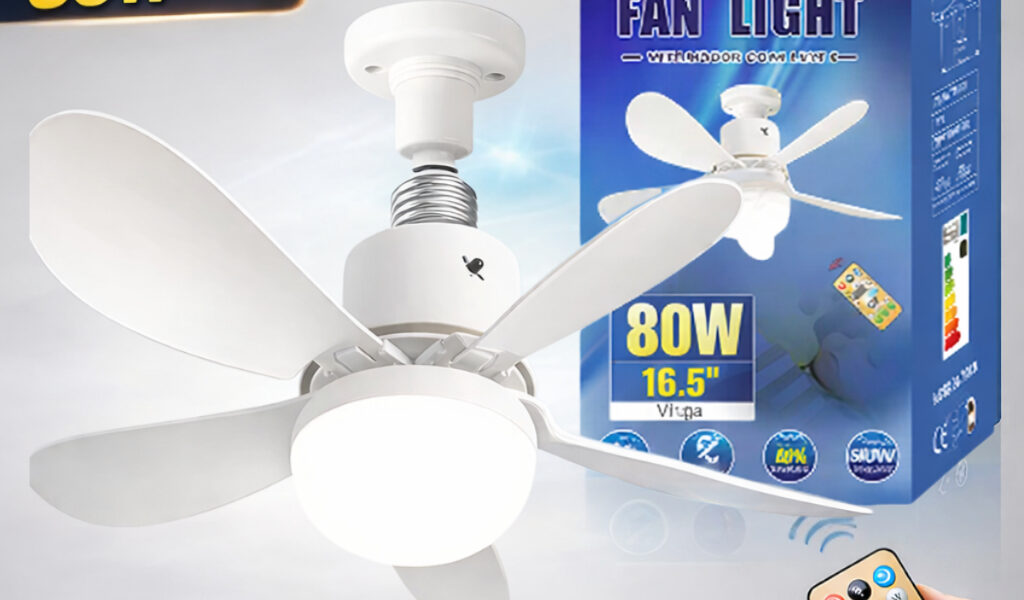 Kit 2 Ventilador 80W 5 Hélices Teto Potente Controle Remoto led Regulável 3 cores E27 Silencio Inteligente Ventila Forte