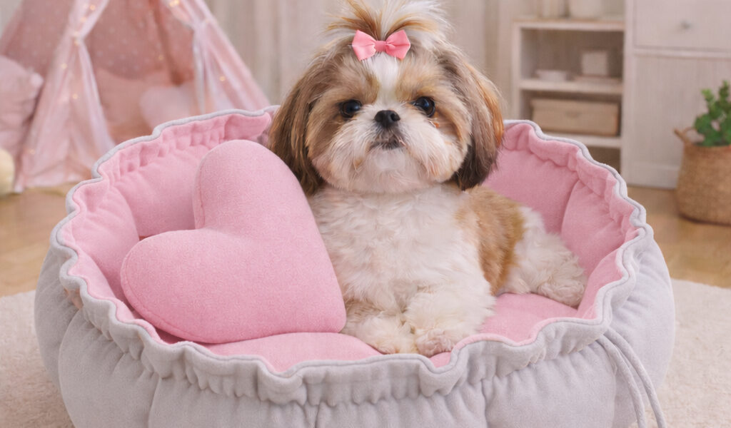 Caminha Redonda, com almofada de coração Rosa Cama Pet Londres Fresquinha Gato