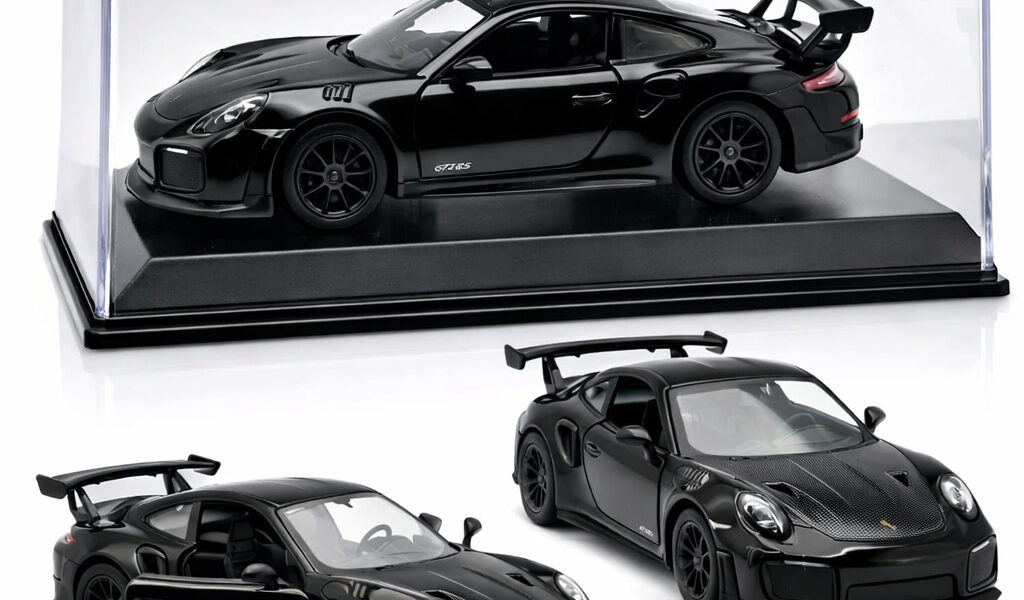 Miniatura Porsche 911 GT2 RS Preto, Azul – Carrinho de Ferro com Fricção | Acrílico | Colecionável
