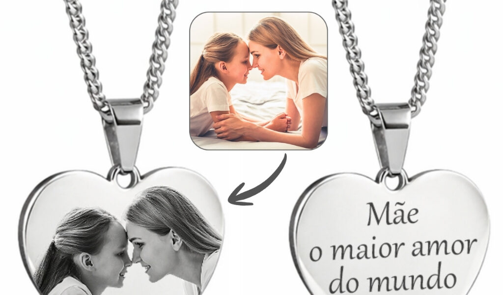 Colar Coração Personalizado com Foto Gravada a Laser Aço Inox Presente Dia das Mães