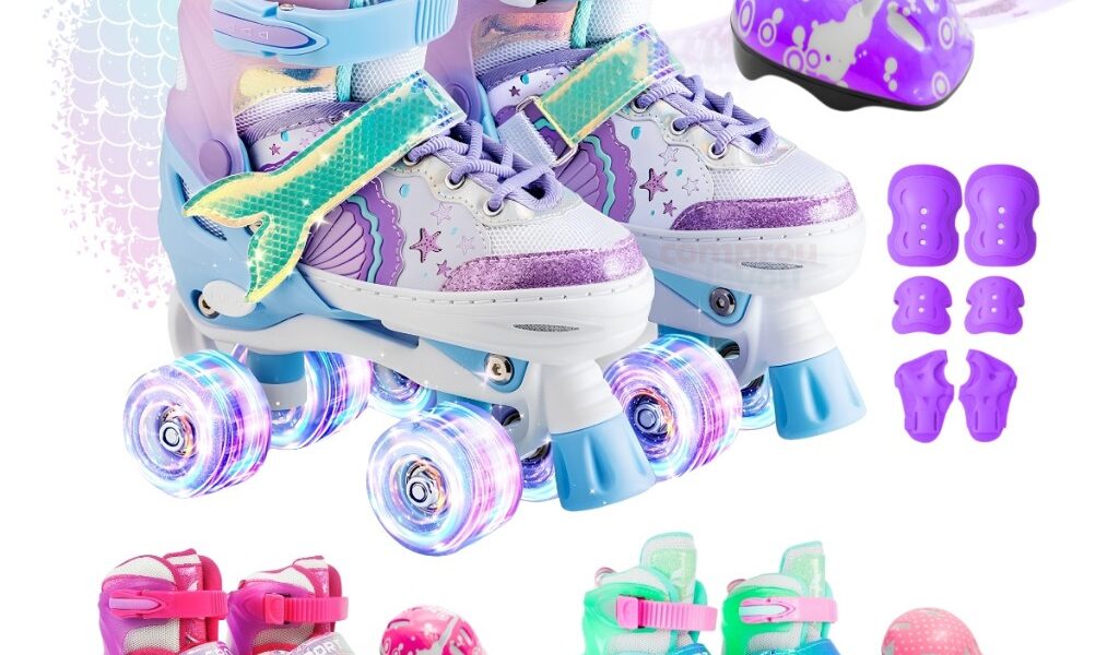 Kit Patins 4 Rodas Infantil Regulável (tamanho ajustável), Rodinha com Luz LED, Proteções Inclusas, brinquedo menina